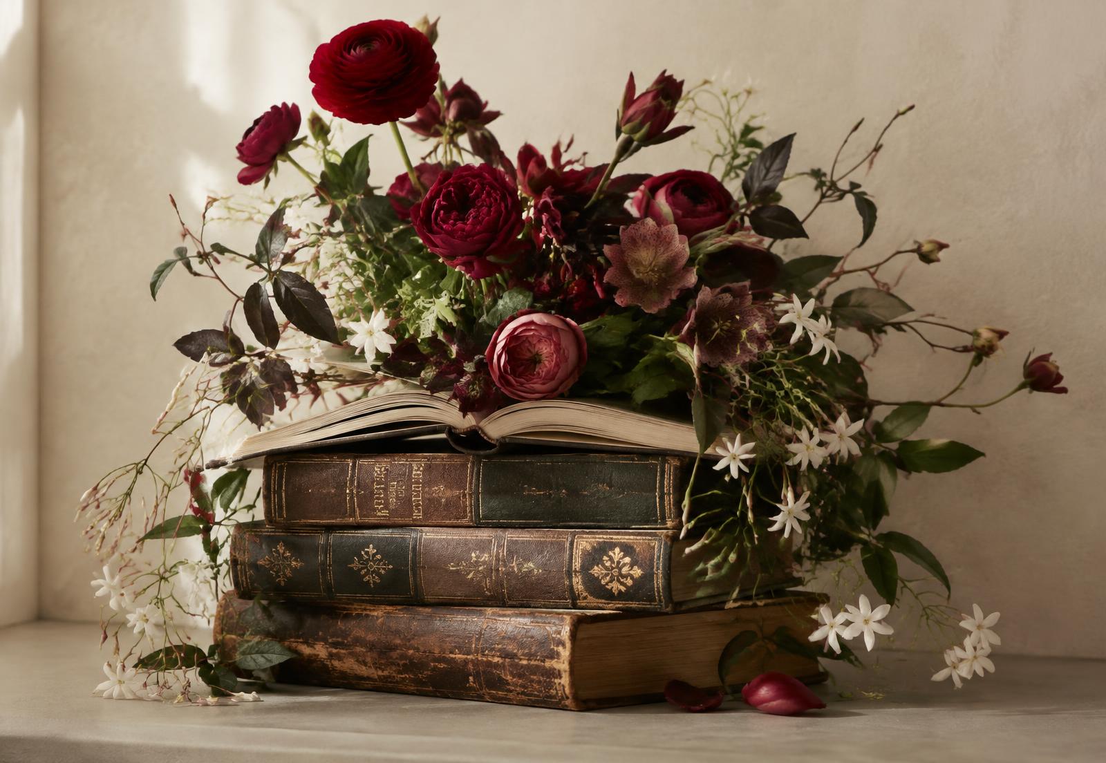 Placeholder: deep red flowers spilling from a stack of antique books